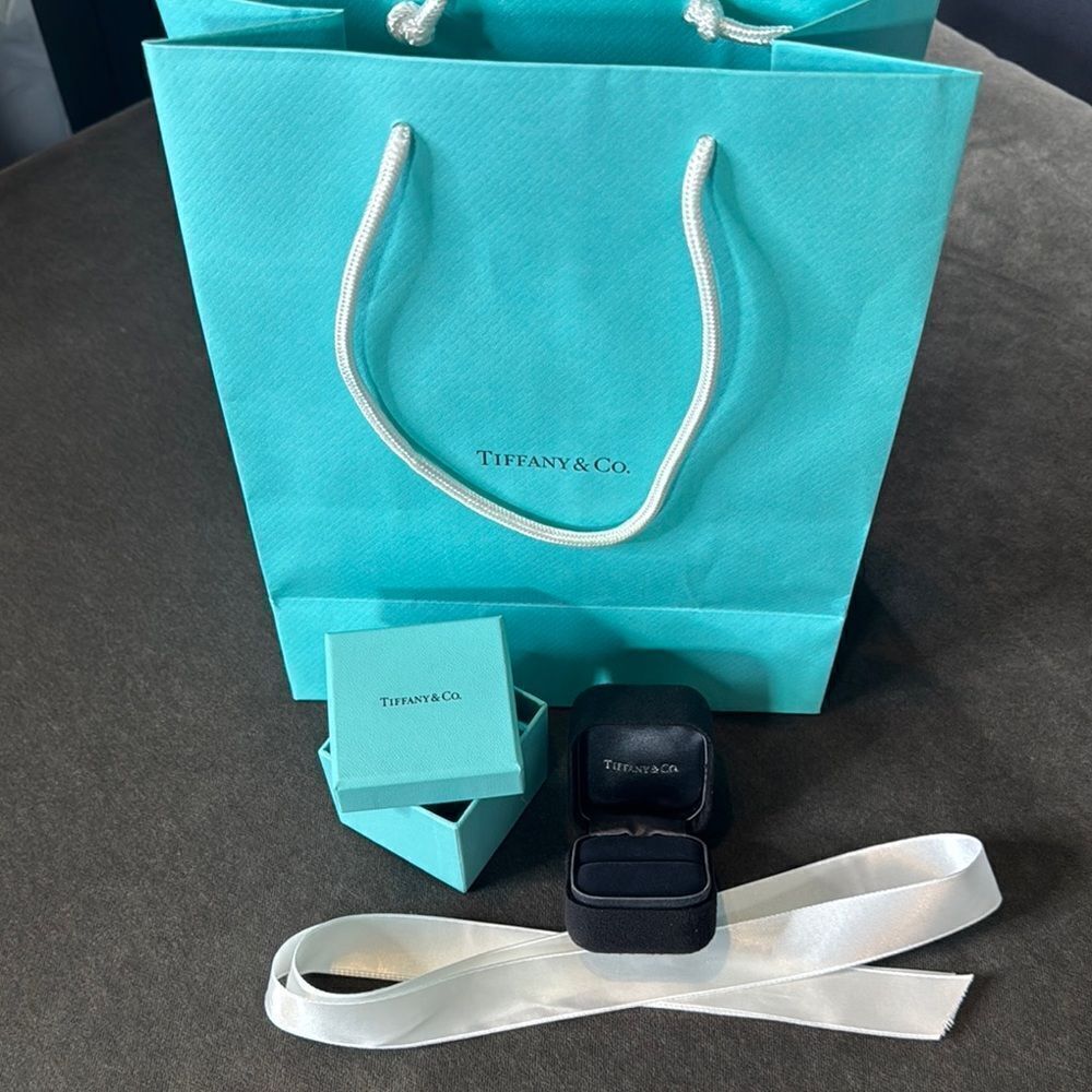 Tiffany & Co. Suede Ring Box with Blue Gift Box Blue Gift Bag and White Ribbon